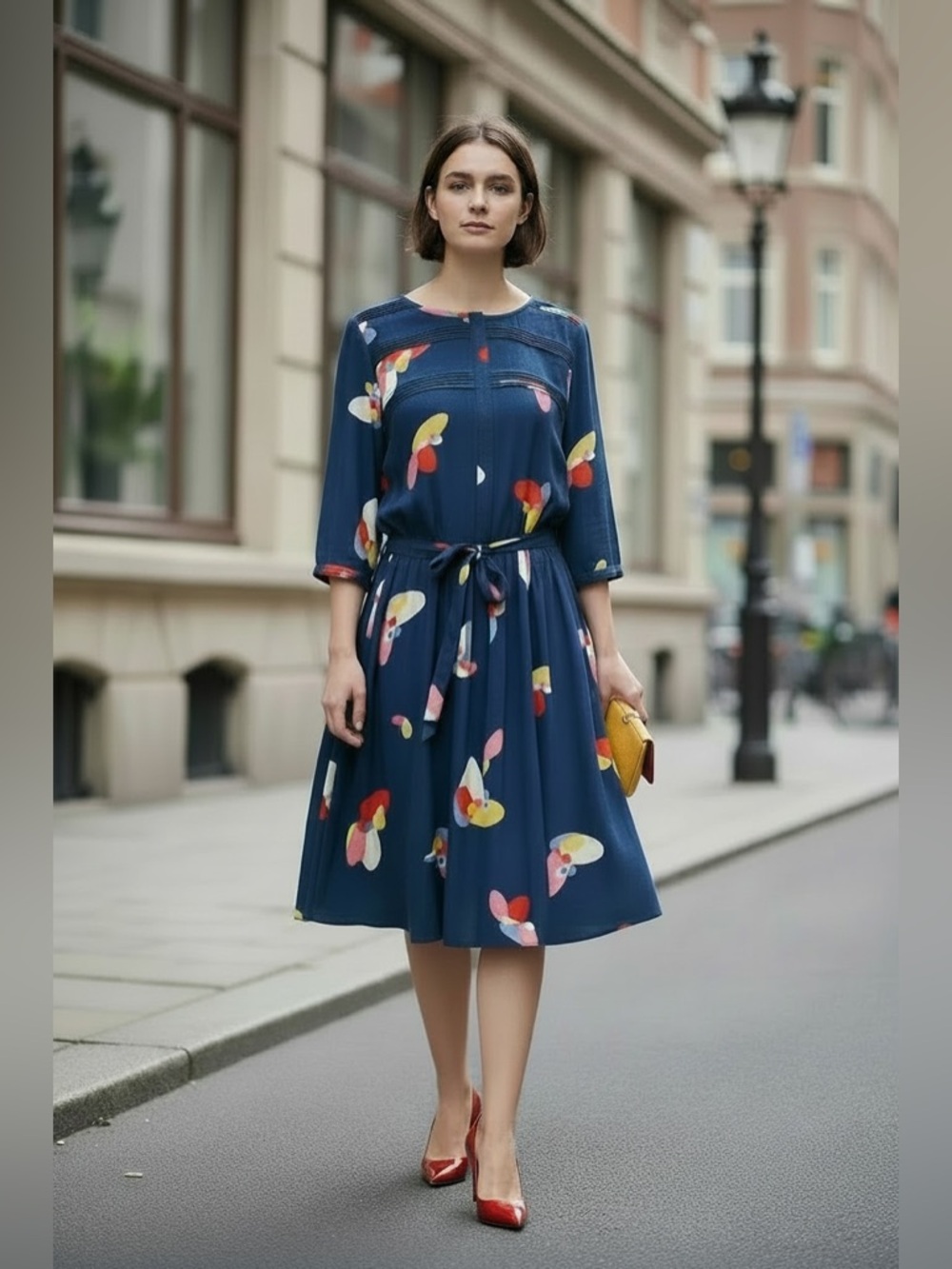 NWOT Boden Navy Midi Dress with Red, Yellow & White Abstract Spots